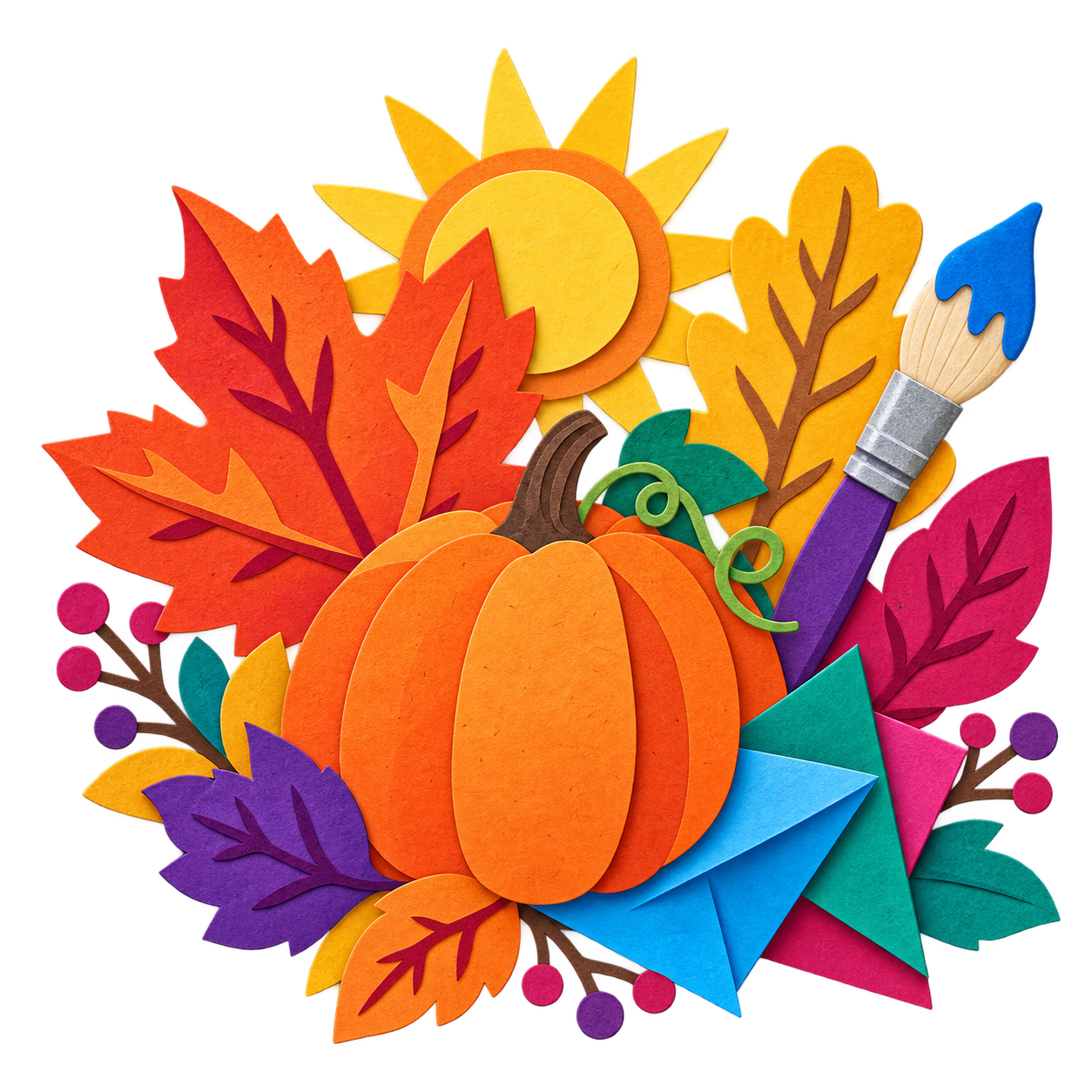 Playful autumn leaves, pumpkin, and creative paper shapes