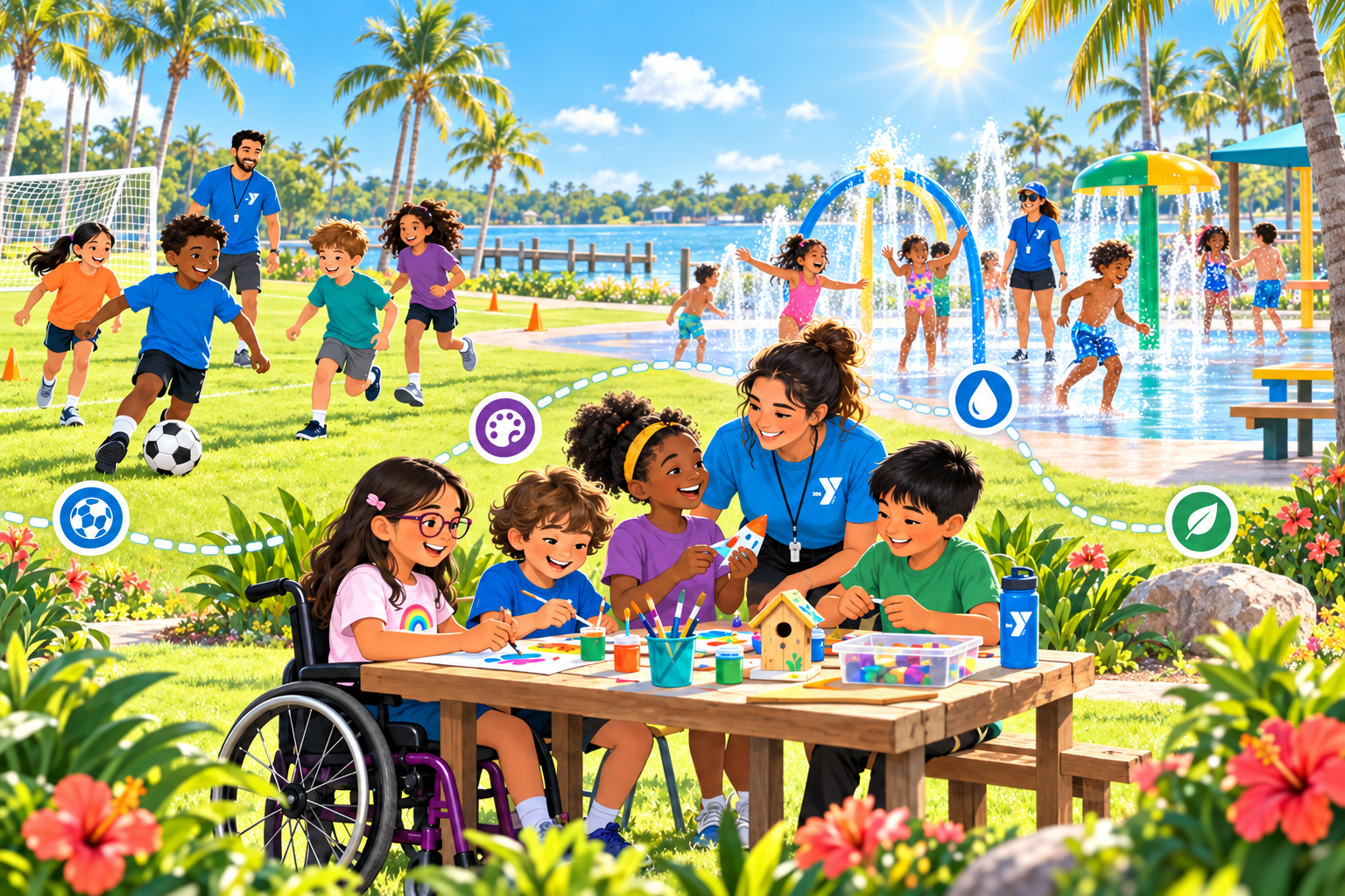 Illustration of YMCA campers enjoying a sunny summer day with water play, soccer, and arts and crafts beneath palm trees