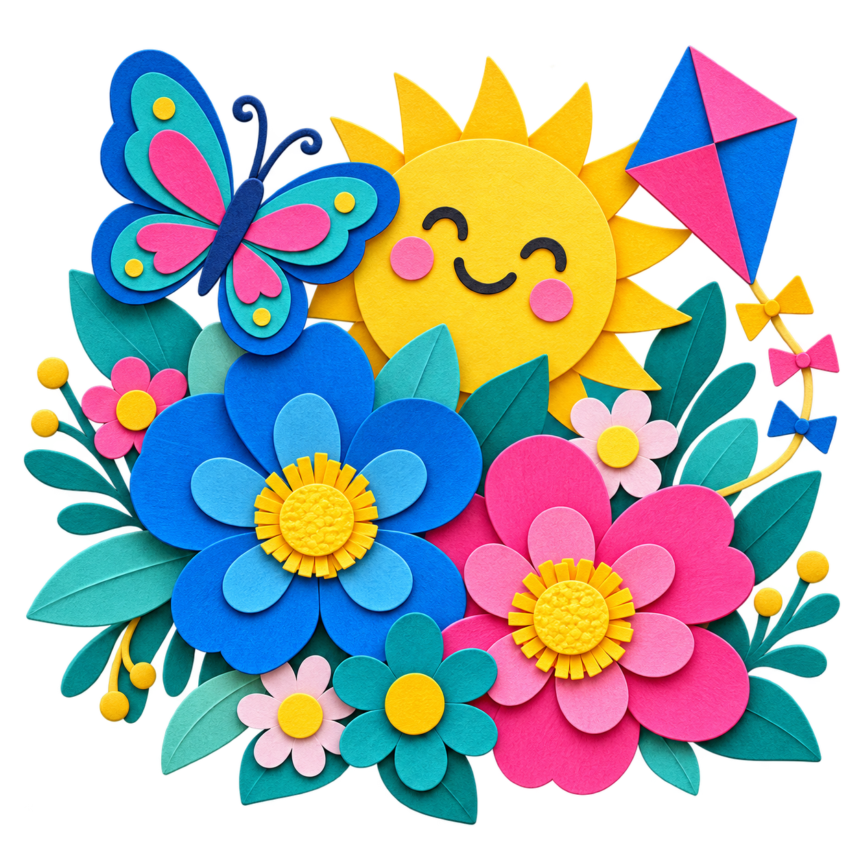 Playful spring flowers, butterfly, sunshine, and a colorful kite