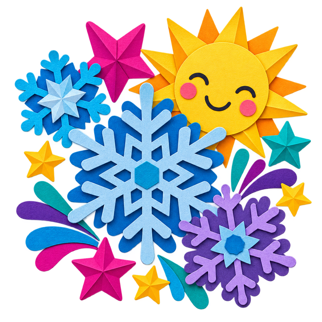 Bright winter snowflakes, stars, and colorful paper craft shapes