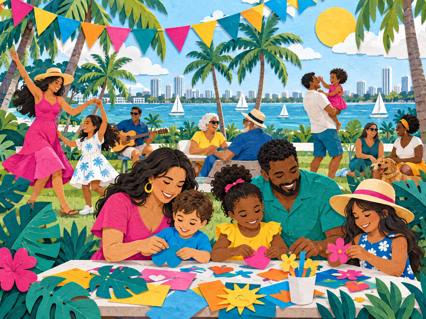Illustration of families enjoying activities together by a Miami waterfront
