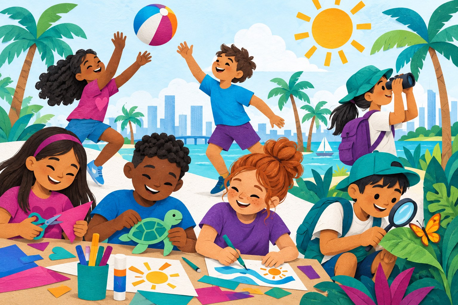 Illustration of children playing, creating, and exploring at camp