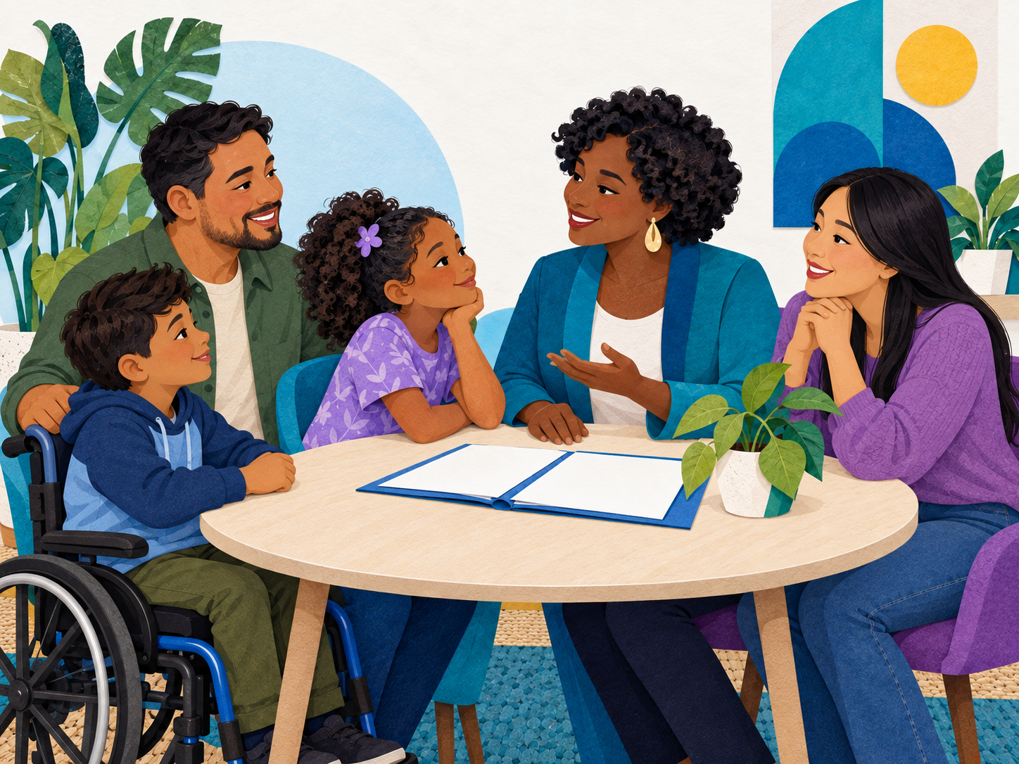 Illustration of a Family Support Team member welcoming parents and children, including a child using a wheelchair