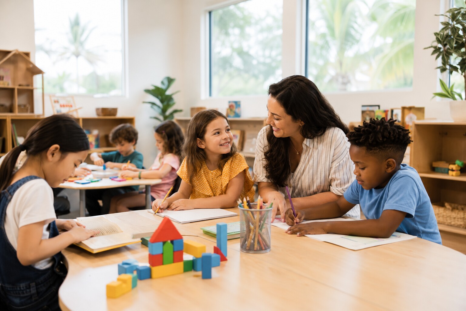 A diverse group of elementary-aged children learning and creating together with an afterschool educator