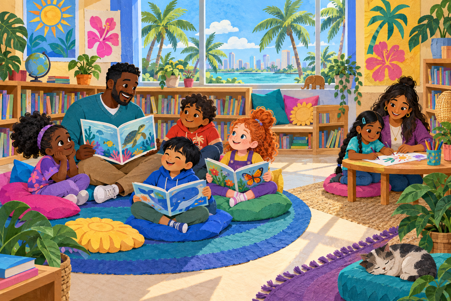 Illustration of children and caring mentors sharing books and making art in a colorful reading nook