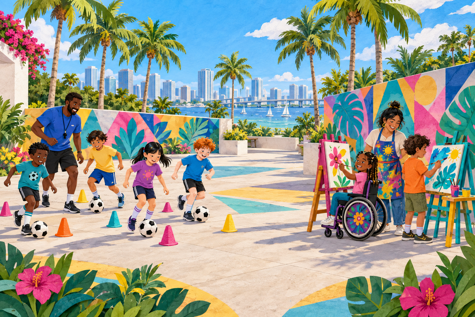 Illustration of children playing soccer and painting with instructors in a sunny recreation courtyard, including a child using a wheelchair